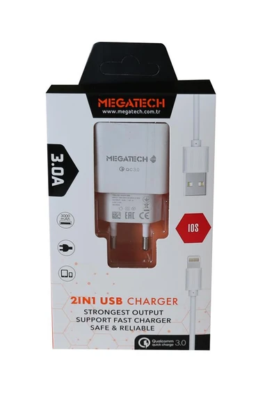 Megatech 3.0A Ev 2IN1 Ev Şarj Kafa +Iphone Şarj Kablo Hızlı Şarj ürün görseli 1