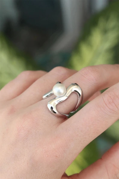 CEYLAN ADAM Pirinç Gümüş Renk Ayarlanabilir İnci Taşlı Yüzük ürün görseli 1