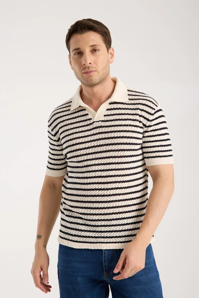 Erkek Polo Yaka Krem Siyah Çizgili Kısa Kollu Triko Tişört - Resim 2