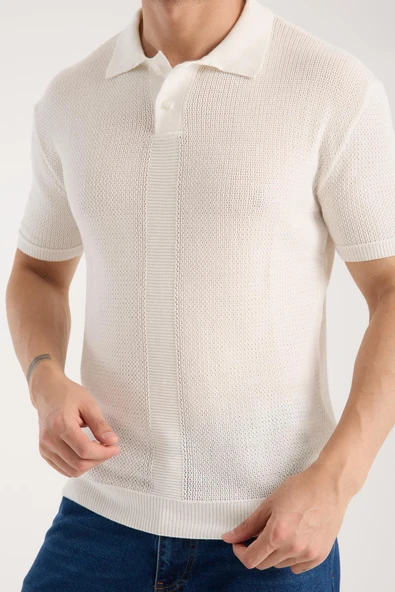 Erkek Polo Yaka Düz Dokulu Beyaz Kısa Kollu Triko Tişört ürün görseli