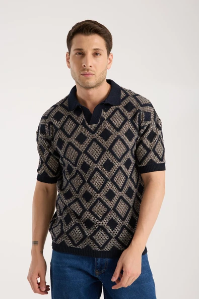 Erkek Polo Yaka Geometrik Desenli Kısa Kollu Triko Tişört - Lacivert Bej - Resim 2