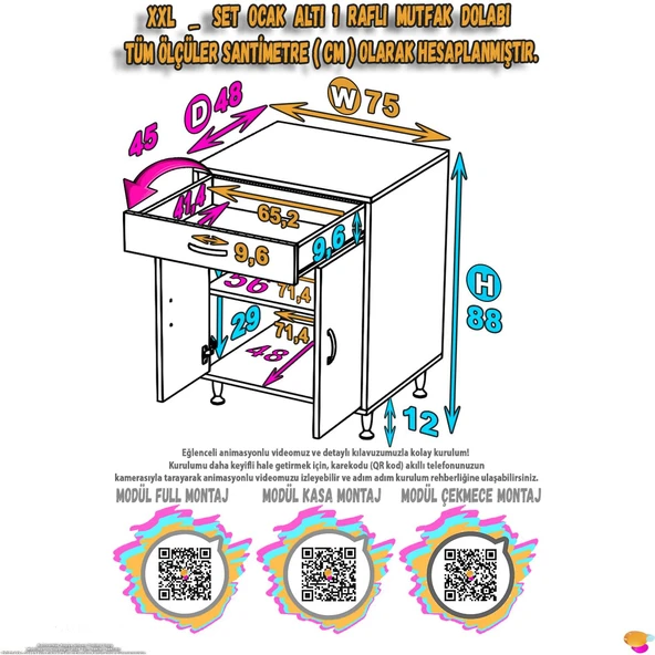 Modilayn QPLAS (XXL) Set Ocak Altı Dolap 75x88x48 cm Çekmeceli, Kapaklı 2 Göz Raf Bölmeli - 5