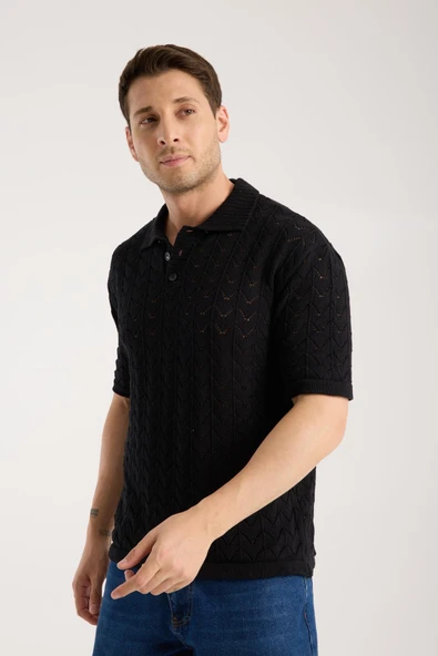 Erkek Polo Yaka Siyah Zigzag Desenli Kısa Kollu Triko Tişört - Resim 4