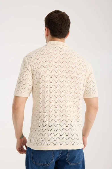 Erkek Polo Yaka Krem Zigzag Desenli Kısa Kollu Triko Tişört - 5