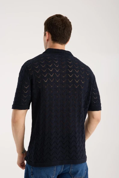 Erkek Polo Yaka Lacivert Zigzag Desenli Kısa Kollu Triko Tişört - Resim 5