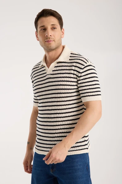 Erkek Polo Yaka Krem Siyah Çizgili Kısa Kollu Triko Tişört - Resim 3