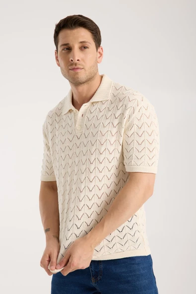 Erkek Polo Yaka Krem Zigzag Desenli Kısa Kollu Triko Tişört - 2