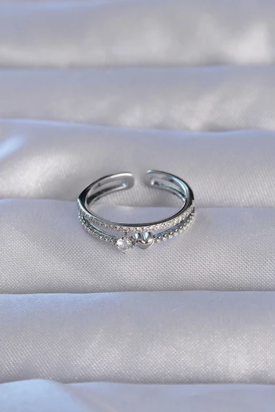 CEYLAN ADAM Pirinç Gümüş Renk Zirkon Taşlı Kalpli Su Yolu Model Ayarlanabilir Yüzük - Resim 2