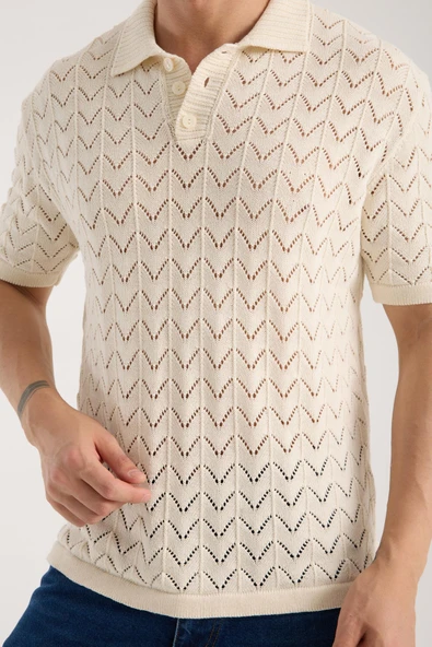 Erkek Polo Yaka Krem Zigzag Desenli Kısa Kollu Triko Tişört - 1