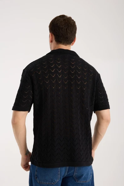 Erkek Polo Yaka Siyah Zigzag Desenli Kısa Kollu Triko Tişört - Resim 5