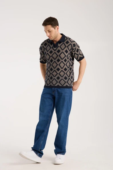 Erkek Polo Yaka Geometrik Desenli Kısa Kollu Triko Tişört - Lacivert Bej - Resim 5