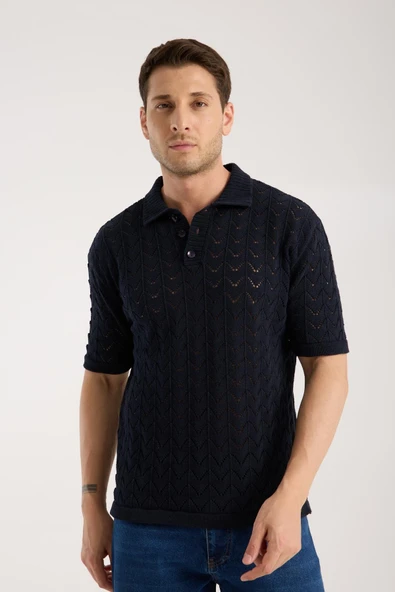 Erkek Polo Yaka Lacivert Zigzag Desenli Kısa Kollu Triko Tişört - Resim 2