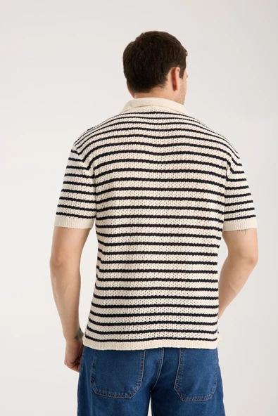 Erkek Polo Yaka Krem Siyah Çizgili Kısa Kollu Triko Tişört - Resim 5