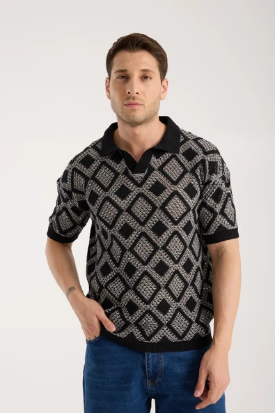 Erkek Polo Yaka Siyah Geometrik Desenli Kısa Kollu Triko Tişört - 4