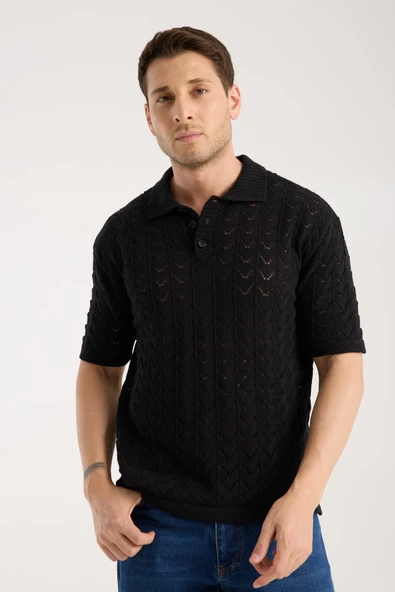 Erkek Polo Yaka Siyah Zigzag Desenli Kısa Kollu Triko Tişört - Resim 2