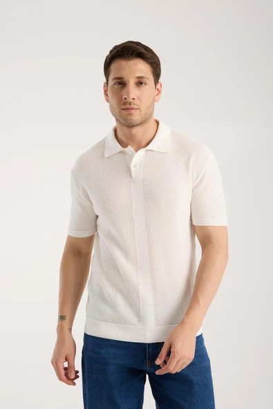 Erkek Polo Yaka Düz Dokulu Beyaz Kısa Kollu Triko Tişört - Resim 4