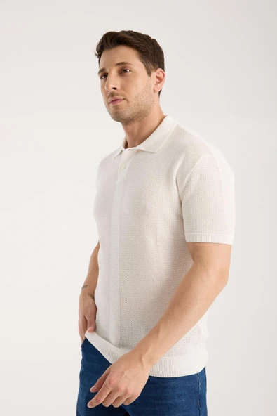 Erkek Polo Yaka Düz Dokulu Beyaz Kısa Kollu Triko Tişört - Resim 2