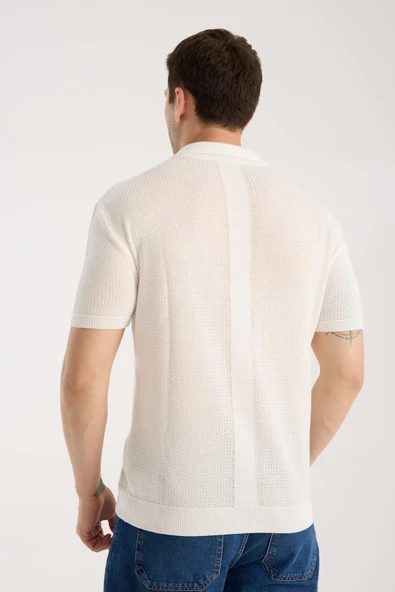 Erkek Polo Yaka Düz Dokulu Beyaz Kısa Kollu Triko Tişört - Resim 5