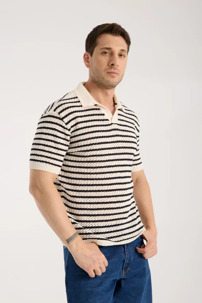 Erkek Polo Yaka Krem Siyah Çizgili Kısa Kollu Triko Tişört - Resim 4