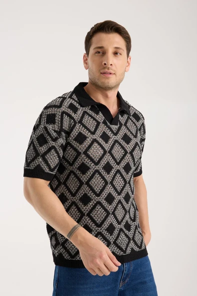 Erkek Polo Yaka Siyah Geometrik Desenli Kısa Kollu Triko Tişört - 3