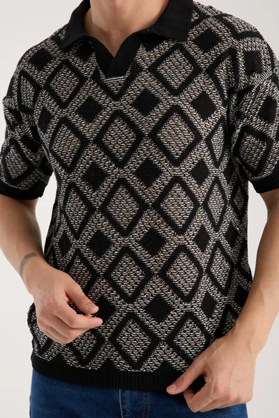 Erkek Polo Yaka Siyah Geometrik Desenli Kısa Kollu Triko Tişört - 1