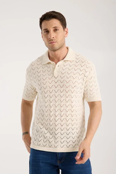 Erkek Polo Yaka Krem Zigzag Desenli Kısa Kollu Triko Tişört - 4