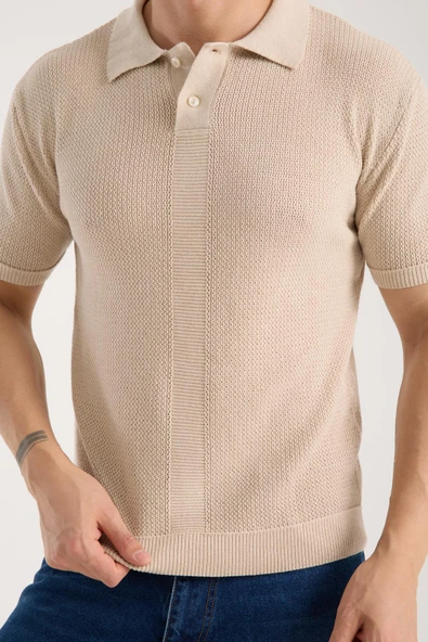Erkek Polo Yaka Düz Dokulu Bej Kısa Kollu Triko Tişört - 1