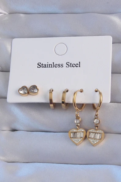 CEYLAN ADAM 316L Çelik Gold Renk Zirkon Taşlı Kalp Model Halka Küpe Seti ürün görseli 1