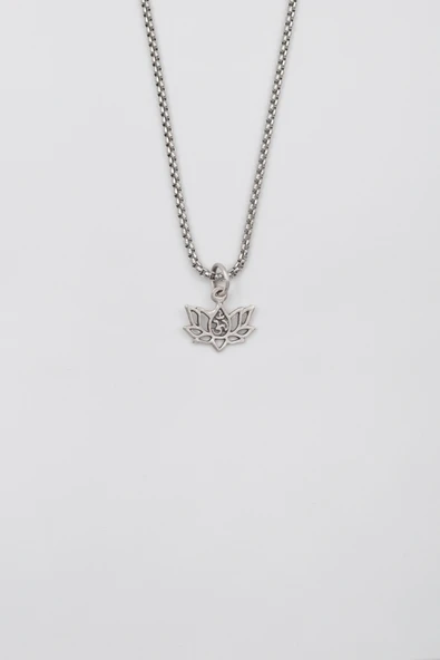 Minimal Om Sembollü Lotus Çiçeği Örme Zincir Kolye - Antik Gümüş Kaplama - Kadın Erkek - 60 cm - Resim 8