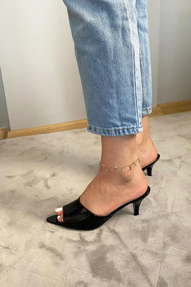 Kadın Moris Siyah Rugan 7 cm  İnce Topuklu Sivri Burun Terlik - 2