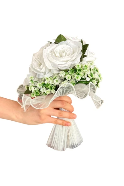 YAPAY ÇİÇEKÇİNİZ Beyaz Gül Buketli Gelin Çiçeği - 4