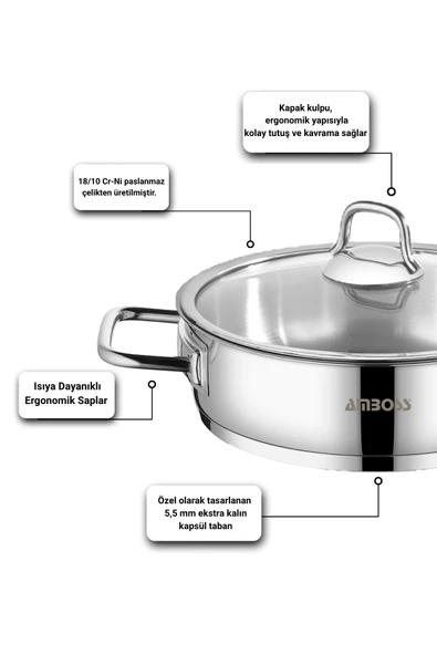 3 Parça Nova Premium Paslanmaz Çelik Basık Tencere Tava Seti - Resim 3