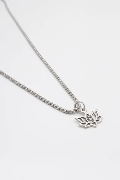 Minimal Om Sembollü Lotus Çiçeği Örme Zincir Kolye - Antik Gümüş Kaplama - Kadın Erkek - 60 cm - Resim 2
