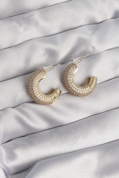 CEYLAN ADAM Pirinç Gold Renk Zirkon Taşlı Yarım Halka Küpe ürün görseli 1