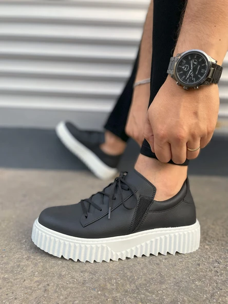 JET-502 Bold Bağcıklı Cilt Erkek Günlük Sneaker Ayakkabı CBT - Siyah - Resim 3