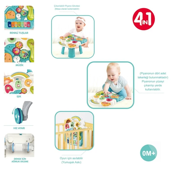 Piyanolu Yürüme Arkadaşı 4in1 Aktivite Masası Işıklı Müzikli Yürüteç Mavi - Resim 2
