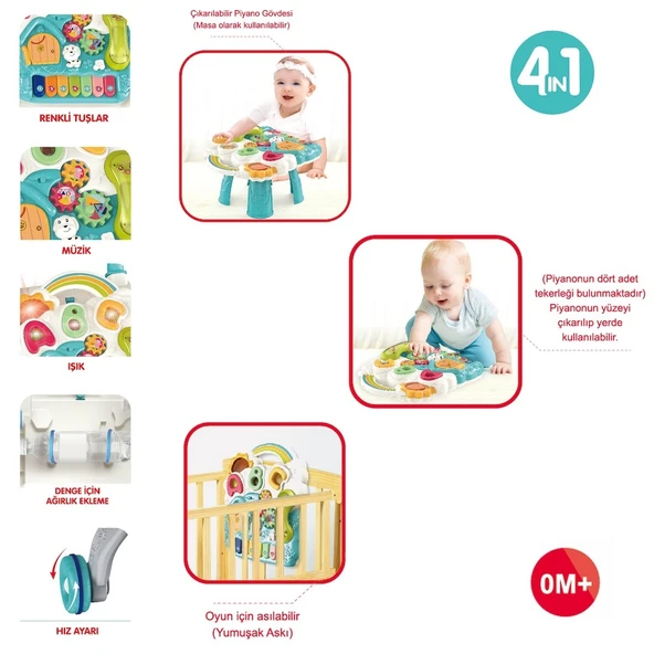 Piyanolu Yürüme Arkadaşı 4in1 Aktivite Masası Işıklı Müzikli Yürüteç Kırmızı - Resim 2