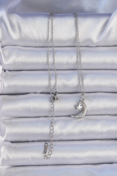 CEYLAN ADAM 316L Çelik Zincir Gümüş Renk Zirkon Taşlı Sallantılı Ay Yıldız Kolye - Resim 2