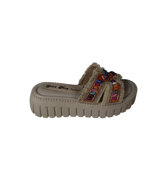 YAZKIŞ Kadın Siyah Ten Üzeri Püsküllü Renkli Boncuklu 5cm Rahat Taban Terlik - Resim 6