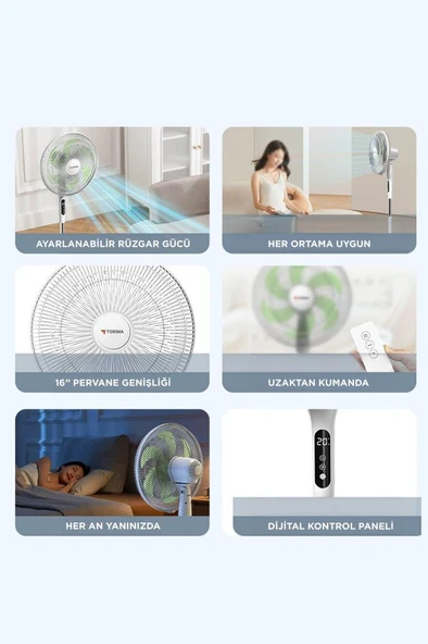 Torima SF-05 Beyaz Ayaklı 50W 3 Kademe 6 Pervaneli 16'' İnc Kumandalı Diğital Ekranlı Vantilatör Fan - Resim 3