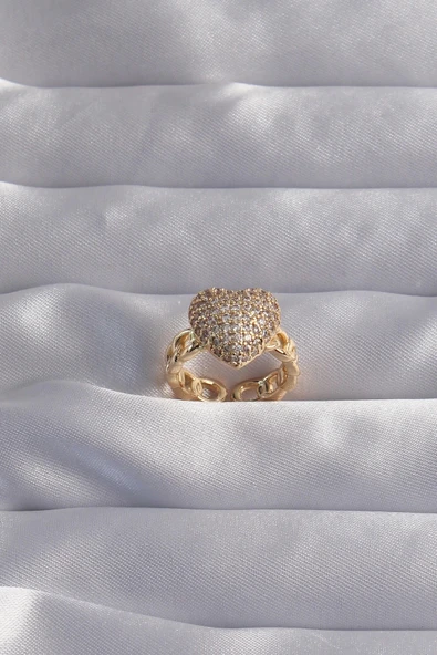 CEYLAN ADAM Pirinç Ayarlamalı Gold Renk Zirkon Taşlı Bombeli Kalp Yüzük ürün görseli 1