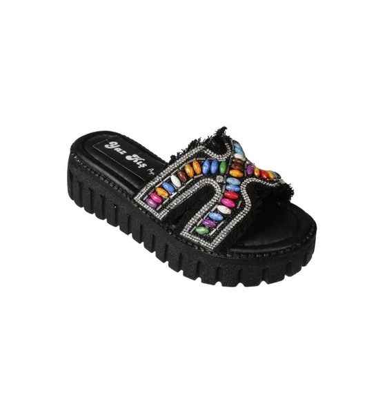 YAZKIŞ Kadın Siyah Ten Üzeri Püsküllü Renkli Boncuklu 5cm Rahat Taban Terlik - Resim 2