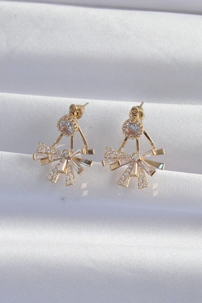 CEYLAN ADAM Pirinç Gold Renk Zirkon Taşlı Yassı Fiyonk Model Küpe - Resim 2