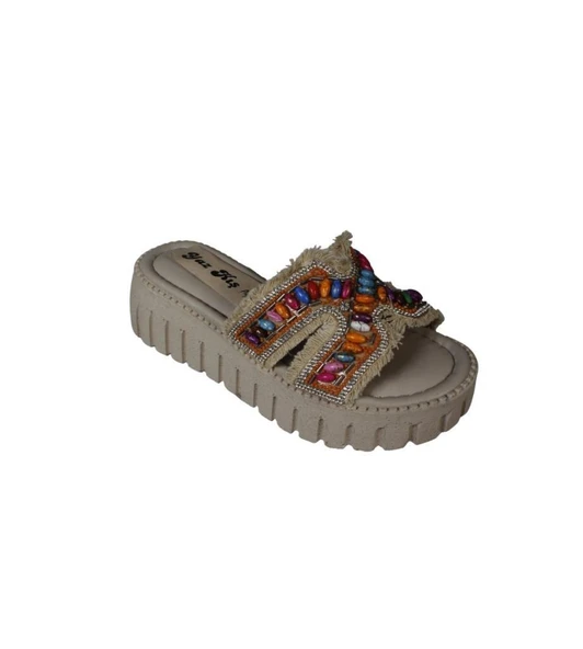 YAZKIŞ Kadın Siyah Ten Üzeri Püsküllü Renkli Boncuklu 5cm Rahat Taban Terlik - Resim 4