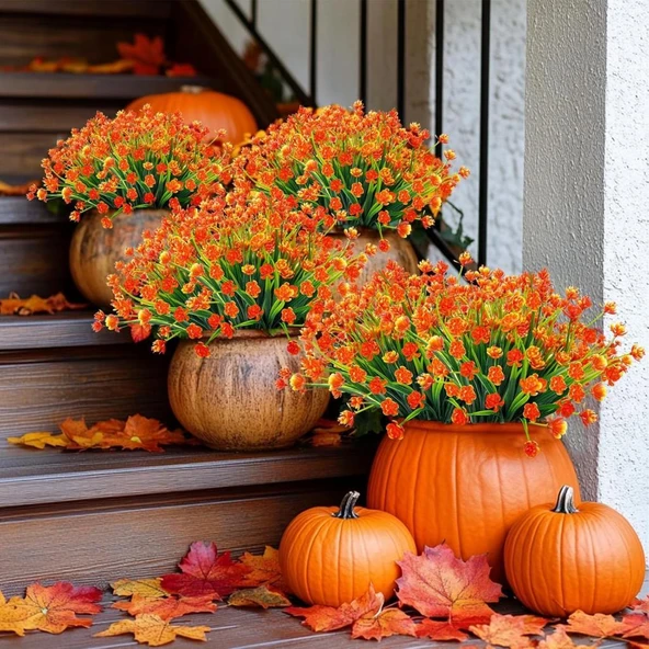 Nettenevime 6lı Set Yapay Çiçek Sazlı Lotus Turuncu Renk 7 Dal Plastik  30cm - Resim 3