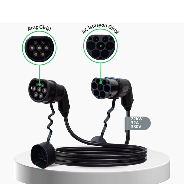 Tip-2 Şarj Kablosu 22 kW / 32A / 8m Kablolu / 380V AC / Taşıma Çantası Hediyeli - Resim 2