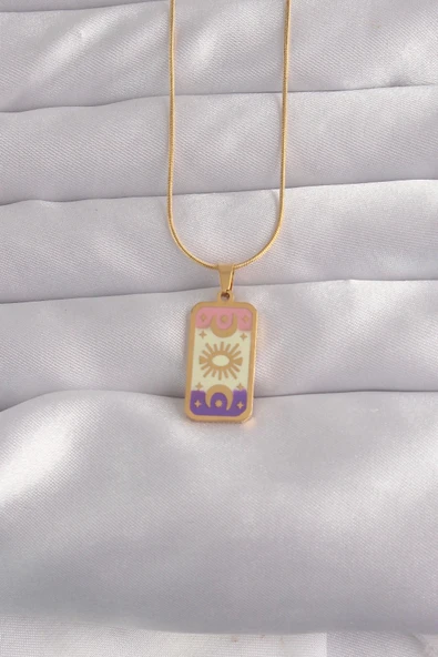 CEYLAN ADAM 316L Çelik Gold Renk Karışık Mineli Ay Figür Tarot Kolye ürün görseli 1