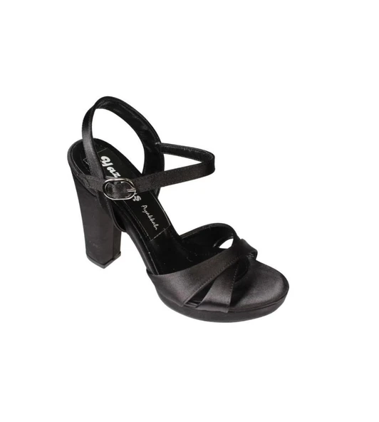 YAZKIŞ Kadın Siyah Gümüş saten Çapraz Bantlı 10cm Kalın Topuk 3 cm Pltform Topuklu Abiye Ayakkabı ürün görseli