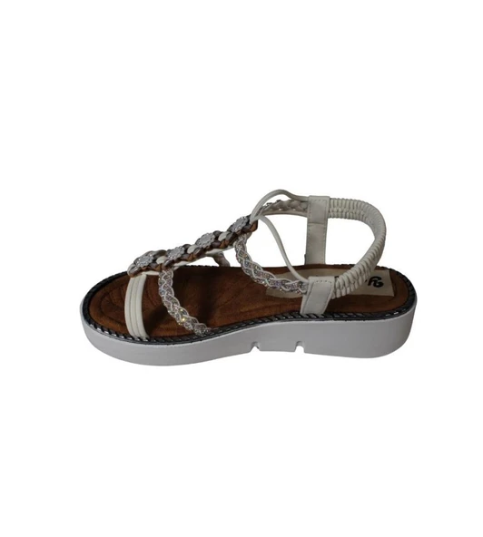 YAZKIŞ Kadın Beyaz Vizon(nut) Cilt Üzeri taşlı Arkası açık 4cm Kalın Rahat Taban Sandalet - 7