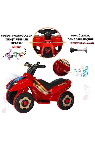 Renkli LED Işıklı Müzikli Akülü ATV Çocuk Motoru  Kırmızı - 4